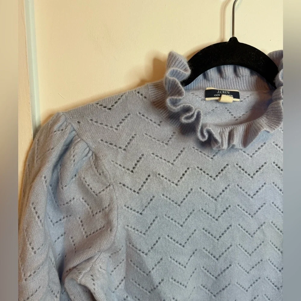 J.Crew Shale Blue Cashmere Pointelle Ruffle Mock Neck Sweater
